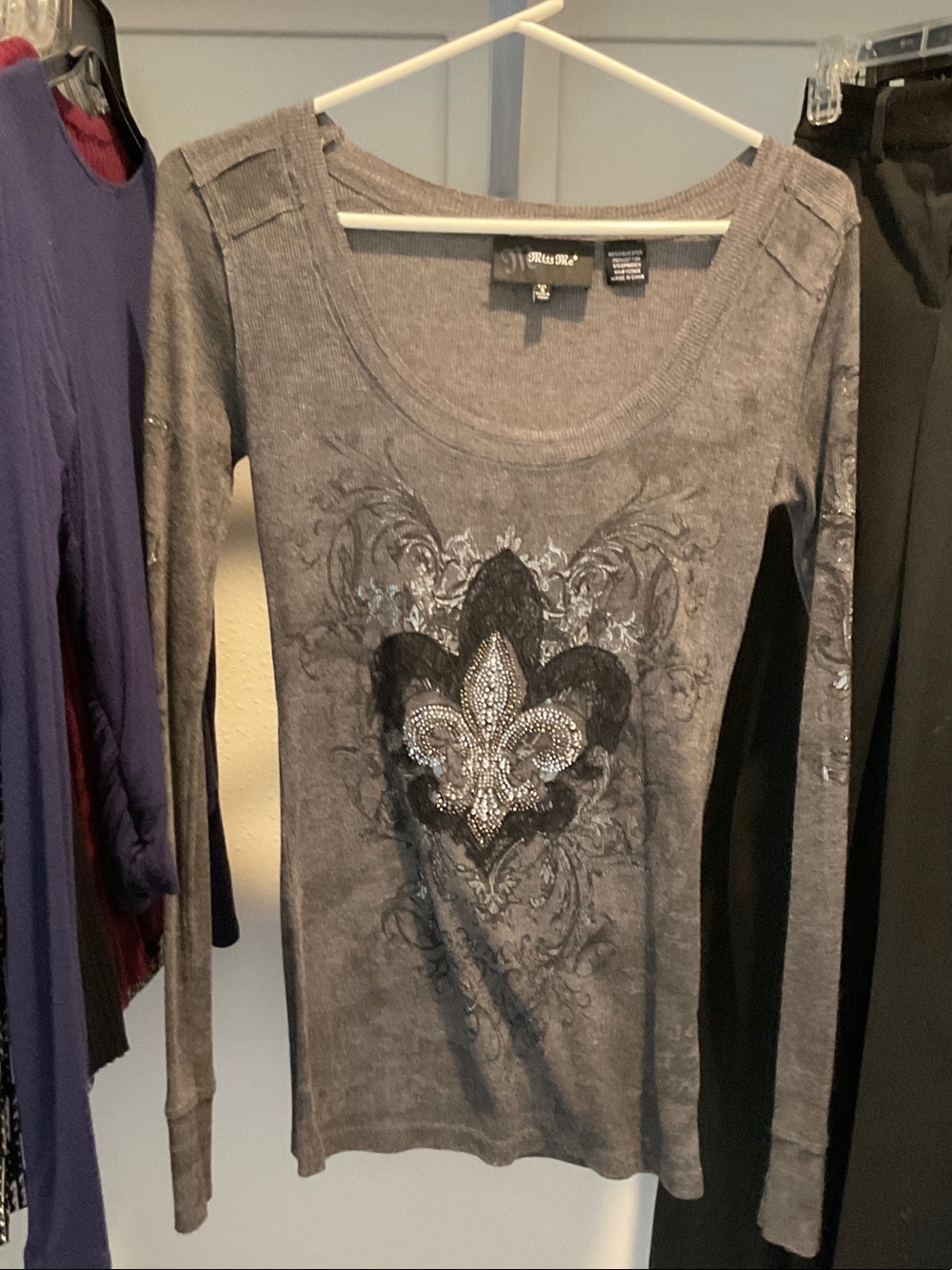 Affliction Long Sleeve Scoop Neck Tee - Gray with Fleur-de-Lis Detail